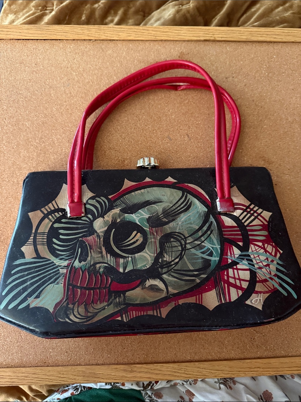Vintage Red Floral Hand painted Graphic Handbag with Red Handles